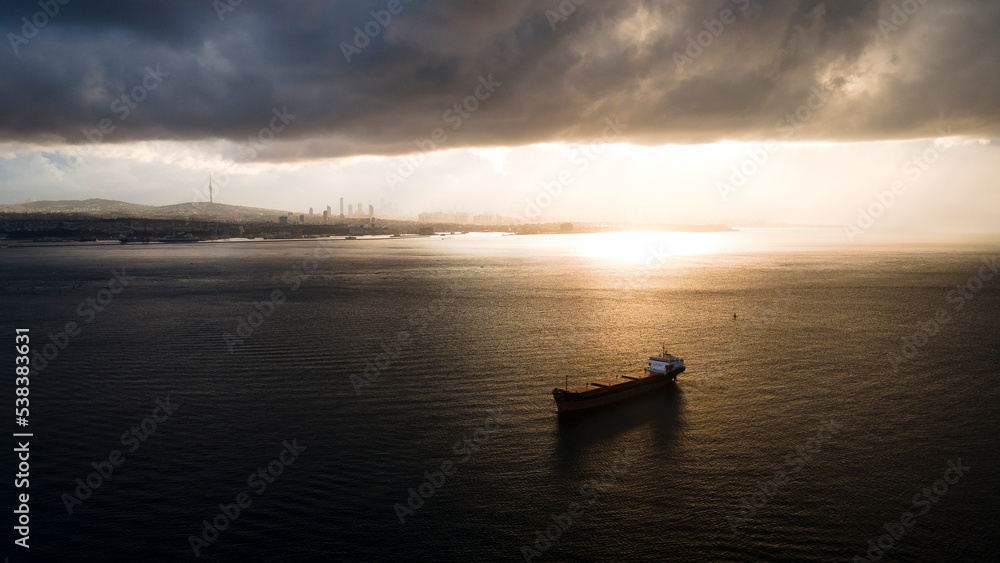 aerial view of cargo ship in sea of marmara in cloudy morning day