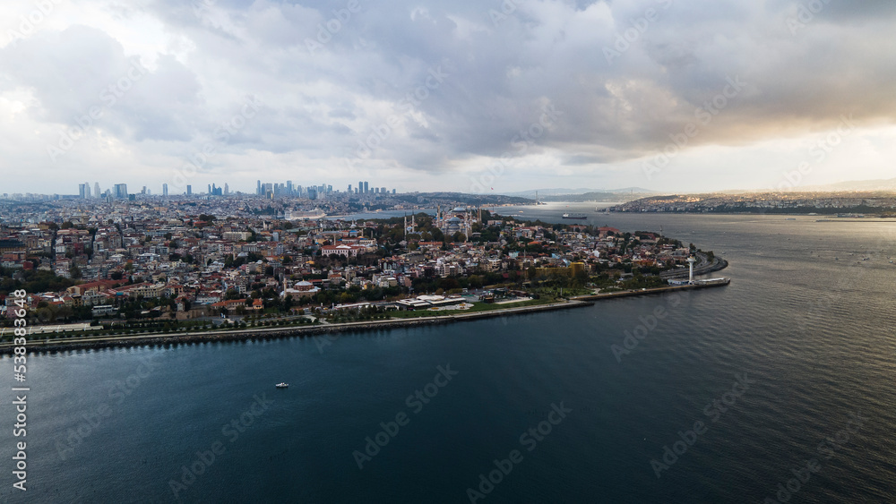 aerial view of istanbul cityscape and bosphorus in clody morning day
