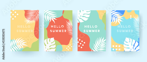 Vector illustration of beautiful summer cards for invitations with Hello summer text. Sea foam  coast  vacation  vacation  heat. Futurism concept. Illustration for business and advertising