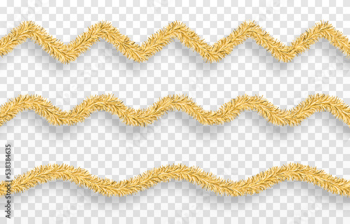 Vector Christmas tinsel. Gold tinsel png, gold garland, decor element. Christmas, holiday.