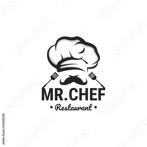 Creative Kitchen Design Chef mustache hat Logo with chef tools vector illustration