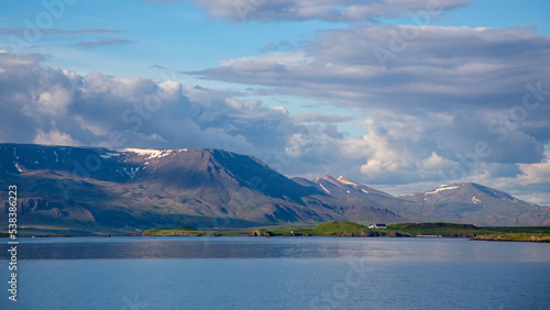 Panoramic water view of Iceland's mountains with snow nearby Reykjavik