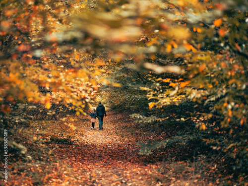 Une promenade en forêt en automne pour une mère et sa fille