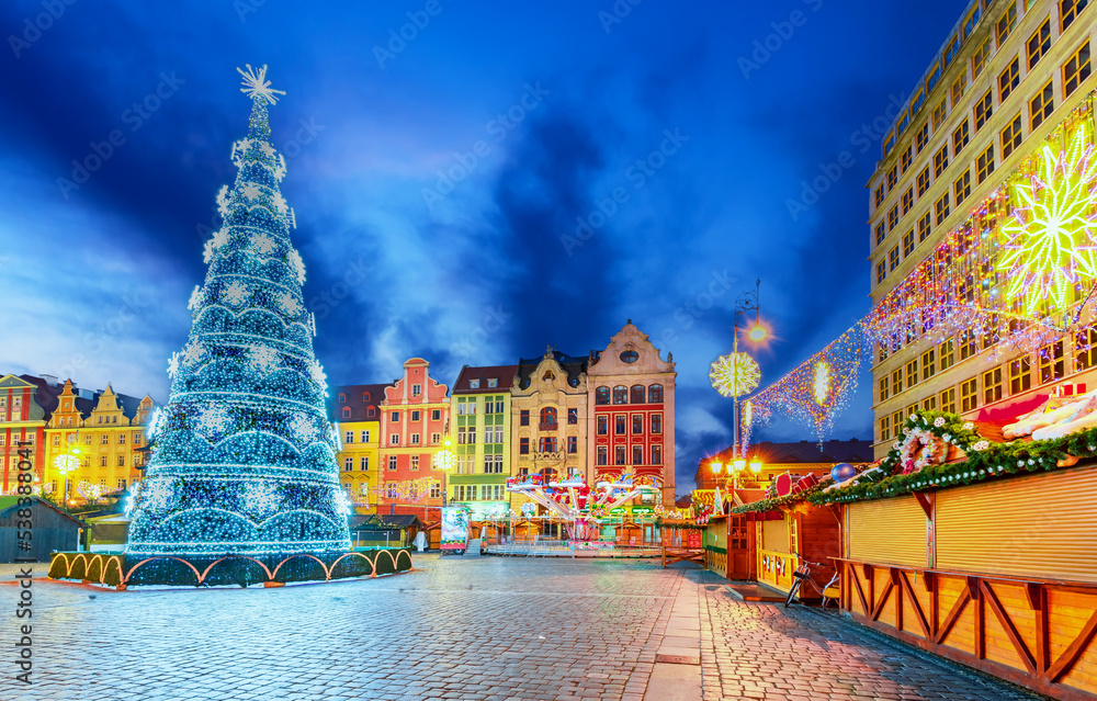 Wroclaw, Poland - Christmas Market in Ryenek old town square, medieval Breslau