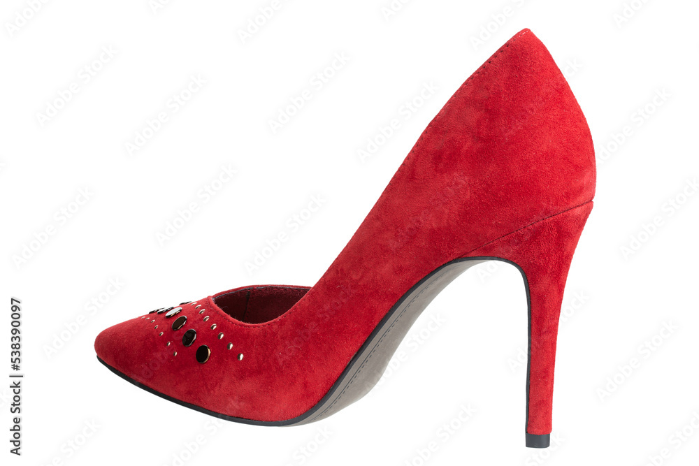 Obraz premium Red high heel women's shoe isolated in white background. Classic design, traditional silhouette. Symbol of unruly women, passion, elegance, beauty.