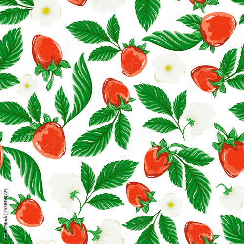Juicy strawberries, flowers and fresh herbs. Seamless plant pattern. Red berries and white flowers.