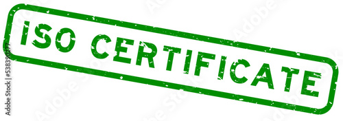 Grunge green ISO certificate word square rubber seal stamp on white background