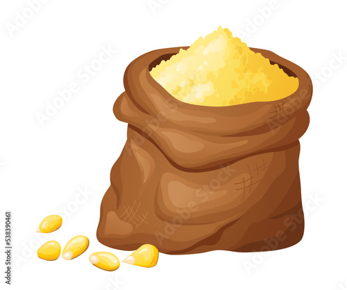 Corn flour in wooden bowl with seeds. Healthy gluten free food. Powde in organic product. Vector illustration isolated on white background
