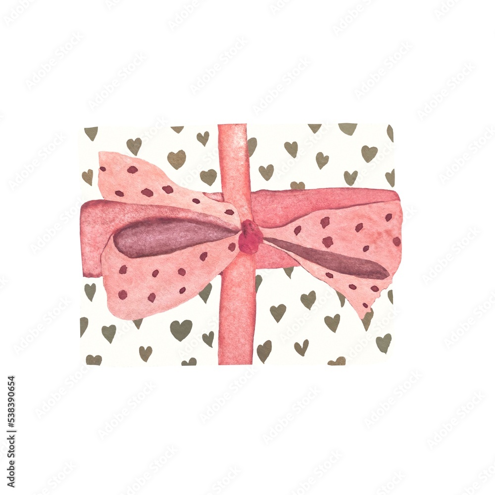 white gift box with heart watercolor illustration