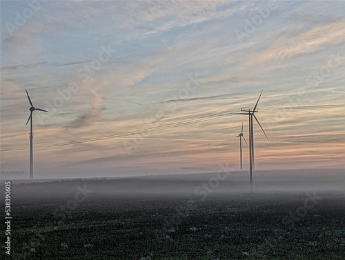 Windrad, Energie, Stromerzeugung, Sonnenaufgang, Nebel, Himmel