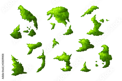 Green swamp moss in different shapes. Plant in forest and nature game element. Graphic template isolated on white background. Vector illustration