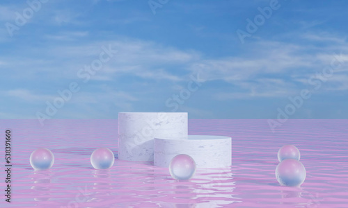 Podium on water and color or sky background advertising display. 3D rendering.