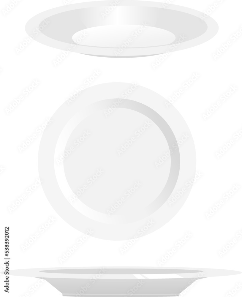 set of white empty porcelain, ceramic plate on every angle of view isolated transparent background set of white empty porcelain, ceramic plate on every angle of view isolated transparent background