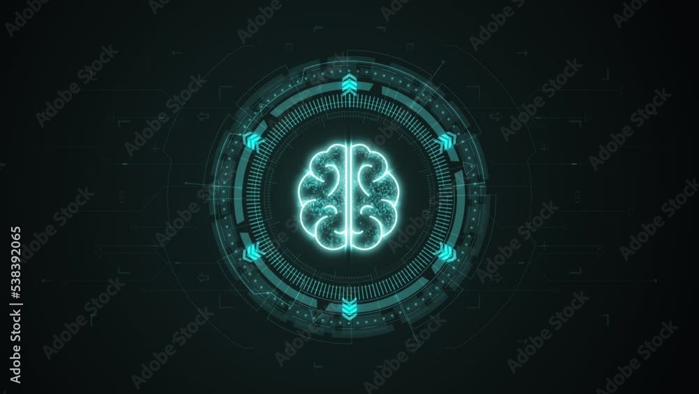 Motion graphic of Blue digital brain logo with rotation HUD circle technology interface and futuristic elements abstract background Motion graphic of Blue digital brain logo with rotation HUD circle technology interface and futuristic elements abstract background