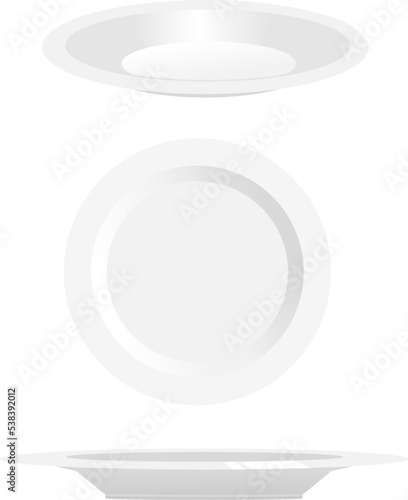 set of white empty porcelain, ceramic plate on every angle of view isolated transparent background