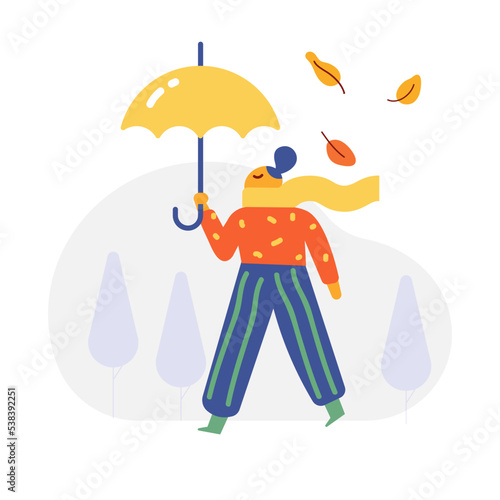 Autumn season. Fall, rain. People silhouette with umbrella flat vector