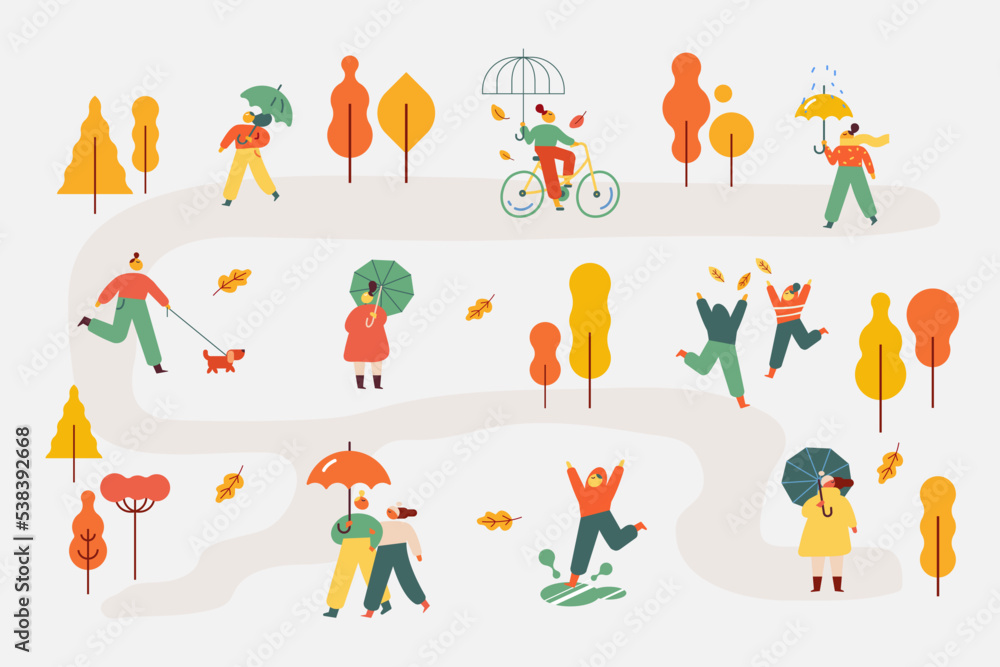Autumn park. People silhouette with umbrellas flat vector illustration