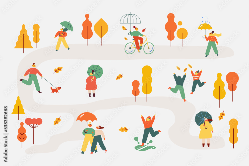 Autumn park. People silhouette with umbrellas flat vector illustration Autumn park. People silhouette with umbrellas flat vector illustration