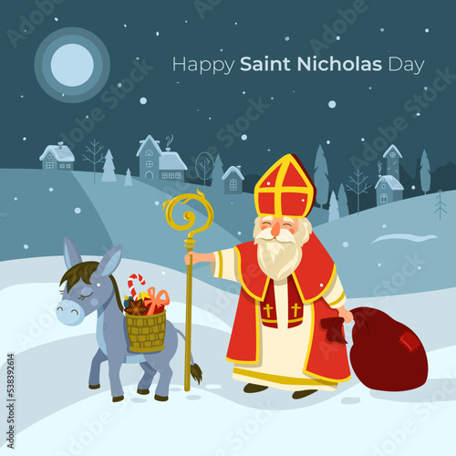Happy Saint Nicholas Day. Saint Nicholas with his cute donkey brings gifts.