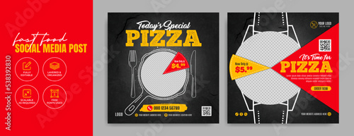 Fast food social media banner post template for business marketing. Italian pizza advertisement web poster. Food sale promotion flyer or brochure cover. Restaurant food menu trendy background.  