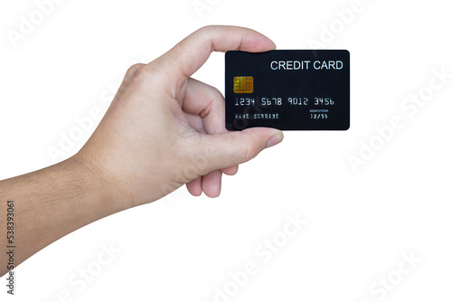 Hand showing credit card isolated on white background.