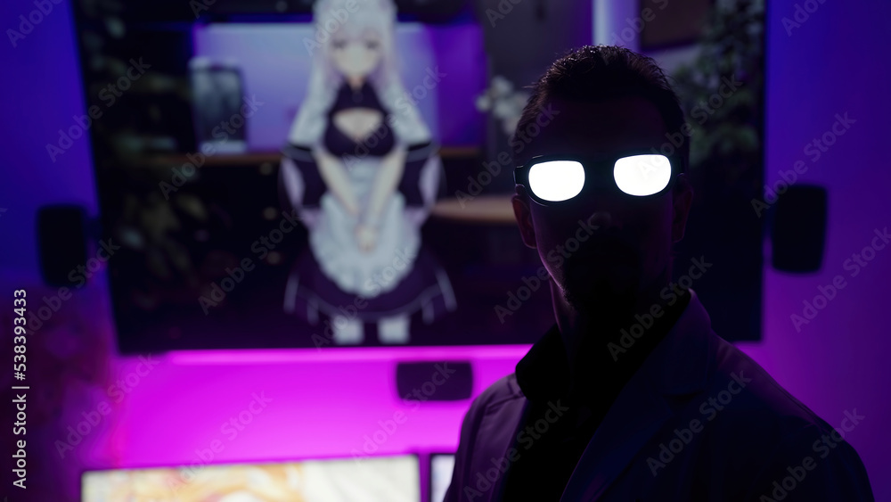Anime nerd with glowing glasses watching cute anime girl on big television  Stock Photo | Adobe Stock