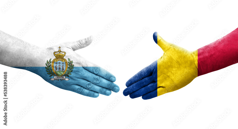 Handshake between Chad and San Marino flags painted on hands, isolated transparent image. Handshake between Chad and San Marino flags painted on hands, isolated transparent image.