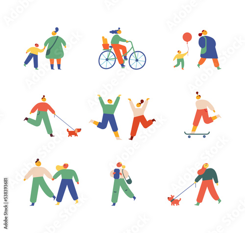 City people. Crowd. Cute people walking outdoor flat vector set