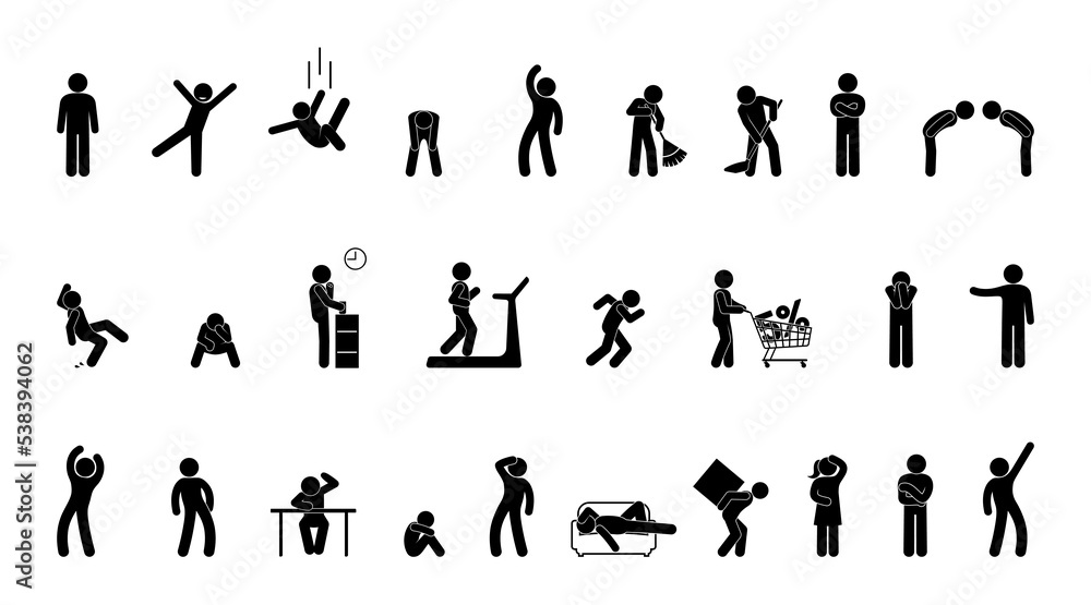 stick figure icon man, human silhouette, isolated pictograms, people on white, human postures and gestures