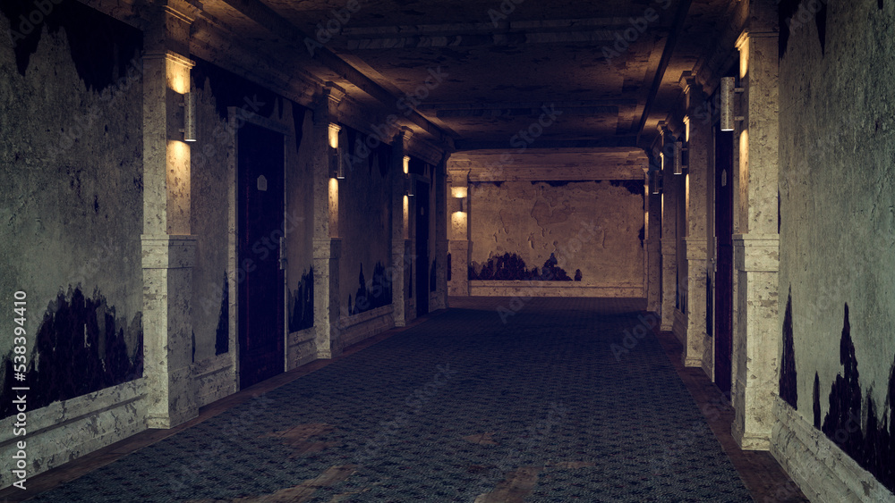 Dirty grungy old abandoned hotel hallway like scene from a horror movie. 3D illustration.