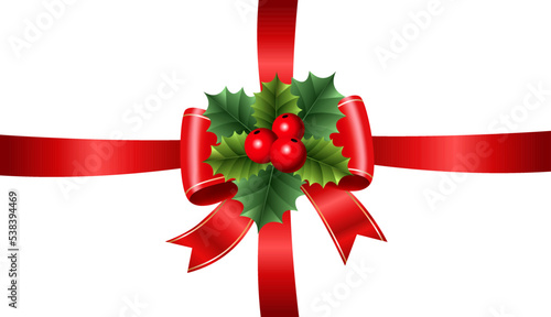 Red Christmas cross bow with gold trim. Fir branches, berries and leaves. Vector illustration.