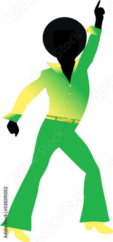 Silhouette of  a male disco dancer with an afro in bright green and yellow retro clothing