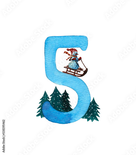 Digit 5 with a Christmas character for the winter calendar, postcards. Watercolor illustration.