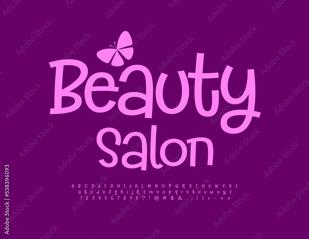 Vector cute emblem Beauty Salon with decorative Butterfly. Stylish pink Font. Trendy Alphabet Letters, Numbers and Symbols set