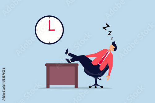 boredom and sleepy work concept, businessman sleeping lay down on office chair and alarm clock covered his face with book.