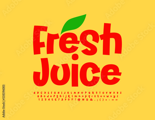 Vector creative logo Fresh Juice.  Playful Red Font. Modern Alphabet Letters and Numbers set