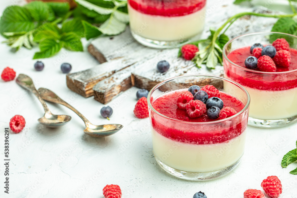 Raspberry sorbet with whipped cream and mint. Italian dessert on a light background in small jars. Long banner format. place for text Raspberry sorbet with whipped cream and mint. Italian dessert on a light background in small jars. Long banner format. place for text
