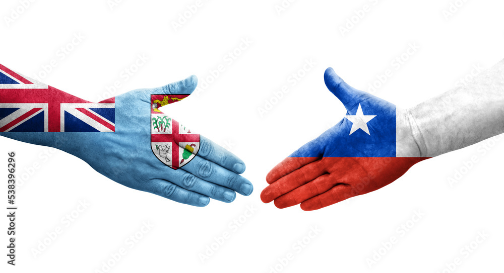 Handshake between Chile and Fiji flags painted on hands, isolated transparent image. Handshake between Chile and Fiji flags painted on hands, isolated transparent image.