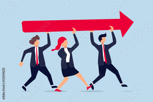 Team success and improvement, sharing same business goal and direction, businessman and woman teamwork help carry big growth rising up arrow graph. © dwara