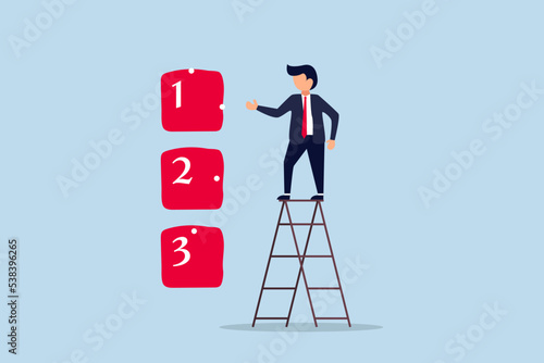 Set work priority, arrange to do list which job to do before and after, young entrepreneur businessman manage to prioritize sticky note with number first, second and third.