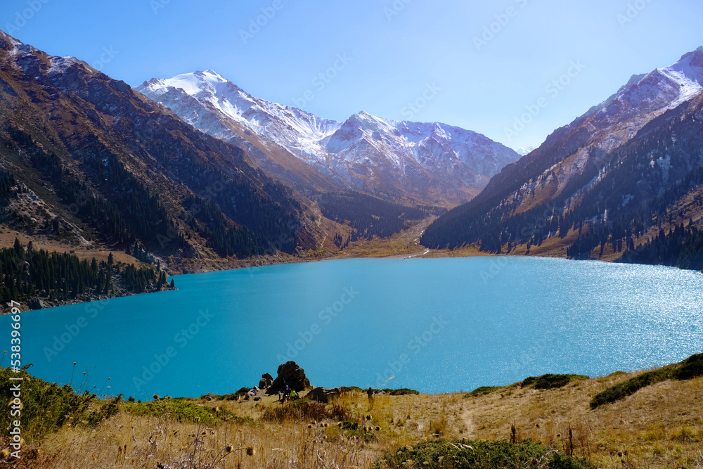 Amazing mountain lake with turquoise water, Big Almaty lake. 