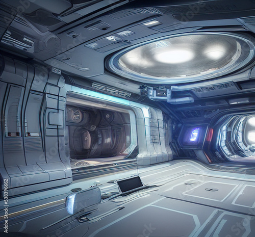 Fototapeta Naklejka Na Ścianę i Meble -  high tech interior of futuristic science fiction space station. digital matter painting