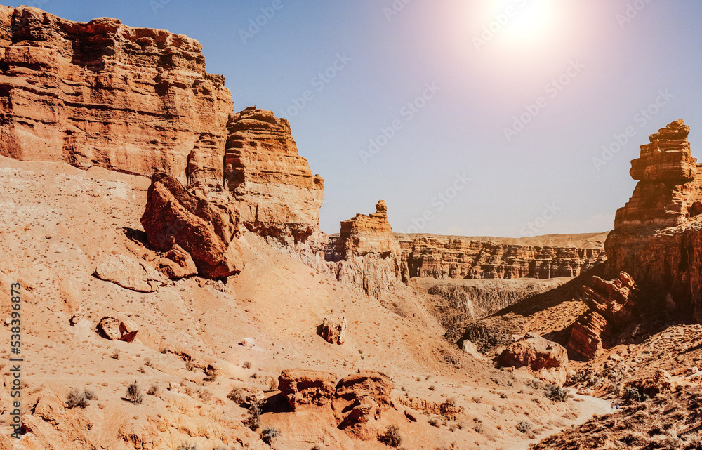 Fototapeta premium Panoramic view of Charyn Canyon in Kazakhstan near Almaty during sunrise