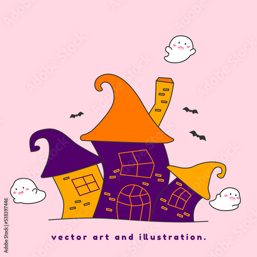 A little ghost floats out of the haunted house. Cartoon vector art and illustration.