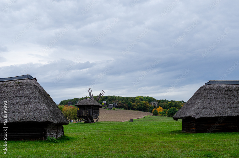 Ancient wooden beehives in old rural apiary Ancient wooden beehives in old rural apiary