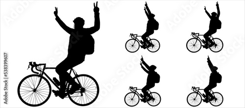 Set of five cyclists. A guy riding a bike with his hands up shows a victory gesture. Cycling victory. Looking at the camera. Bicycle helmet. Five black male silhouettes isolated on white background
