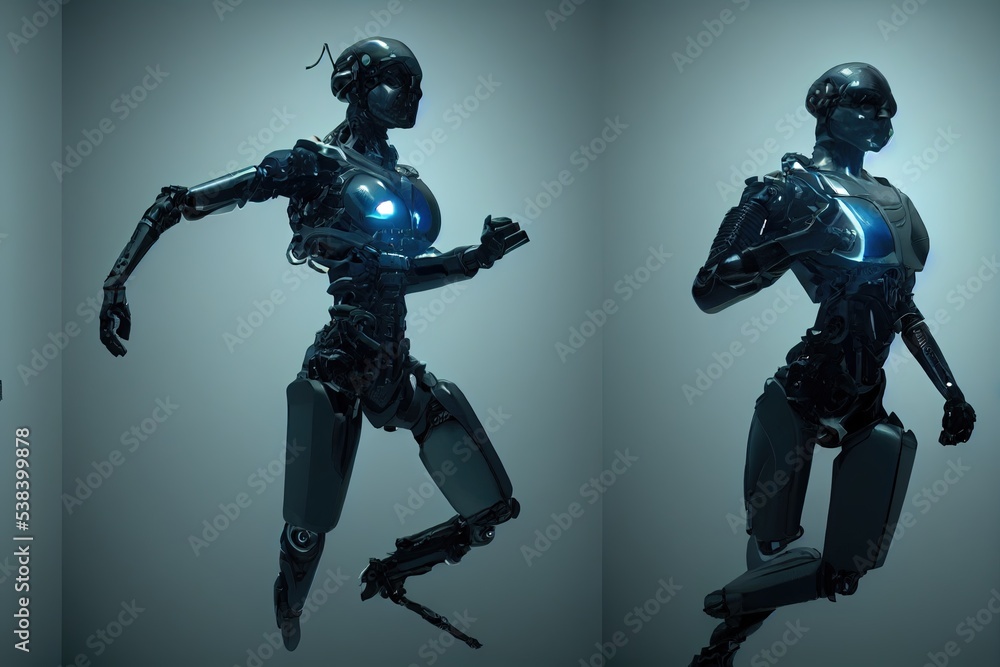 Cyborg 3D illustration with dramatic futuristic lighting in an action position Poster design with copy space 