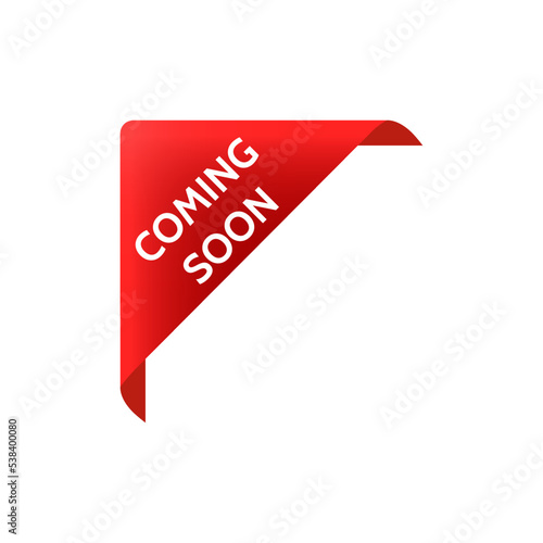 Coming soon promo labels. Red ribbons. Vector bage and banners