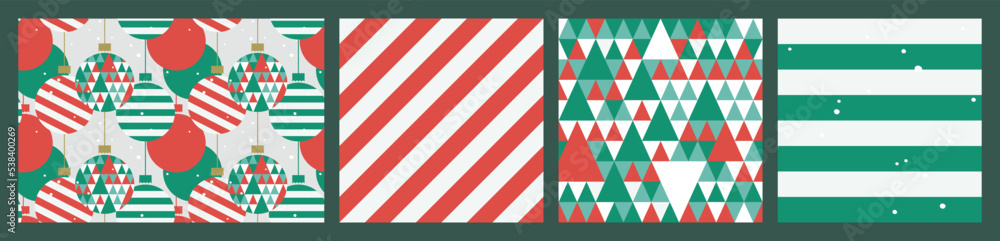 Christmas and New Year festive design Set with seamless pattern made of triangle Christmas trees, balls, snow and stripes in green, red, white colors. Winter Xmas holiday decoration. Christmas and New Year festive design Set with seamless pattern made of triangle Christmas trees, balls, snow and stripes in green, red, white colors. Winter Xmas holiday decoration.
