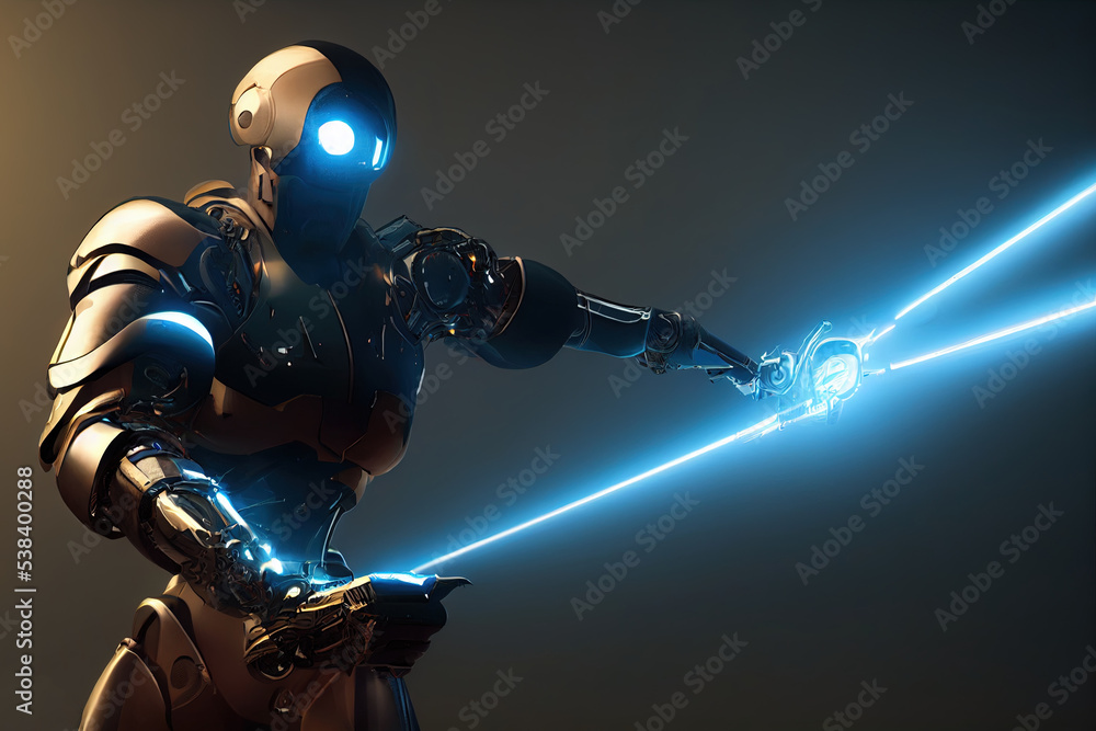 Cyborg 3D illustration with dramatic futuristic lighting in an action position Poster design with copy space Cyborg 3D illustration with dramatic futuristic lighting in an action position Poster design with copy space